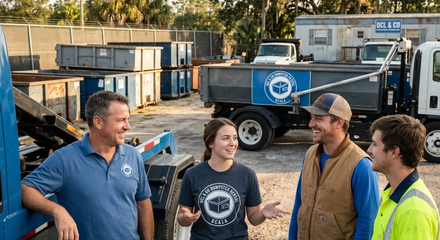Meet the OCL & Co Dumpster Rental Team - Ocala, FL The OCL & Co Dumpster Rental team talking through a job near the company yard in Ocala